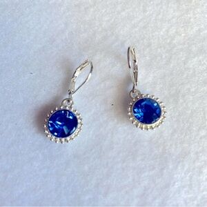 Monet Blue and Silver tone Dangle Rhinestone Earrings Lever back Pierced Round